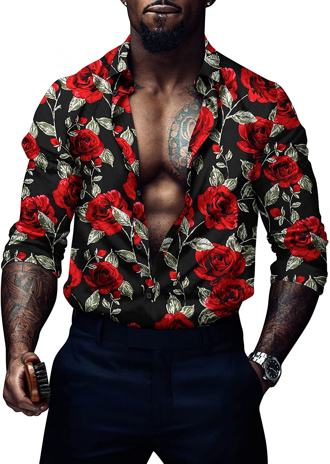 Men's Black  Long Sleeve Hawaiian  Flower Casual Shirt