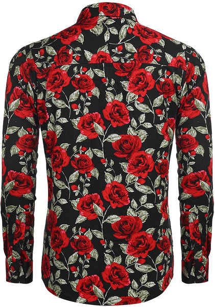 Men's Black  Long Sleeve Hawaiian  Flower Casual Shirt