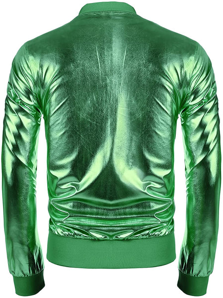 Men's 70s Metallic Green Button Zip-up Varsity Jacket