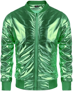 Men's 70s Metallic Green Button Zip-up Varsity Jacket