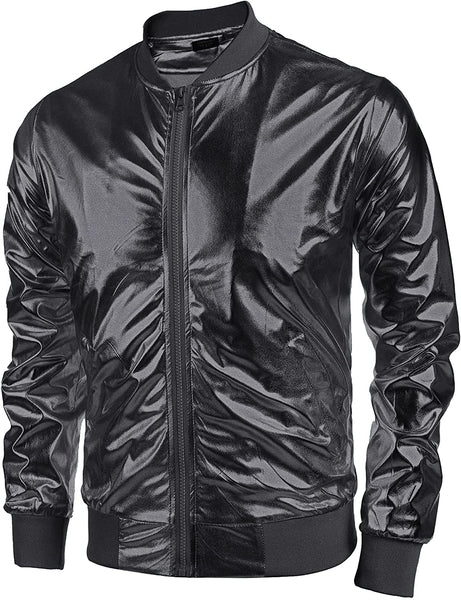 Vintage Black Zip-Up Baseball Bomber Men's Metallic Jacket