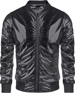 Vintage Black Zip-Up Baseball Bomber Men's Metallic Jacket