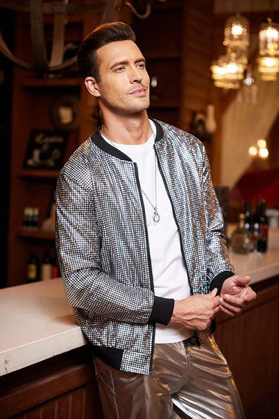 Vintage Silver Sequin Zip-Up Baseball Bomber Men's Metallic Jacket