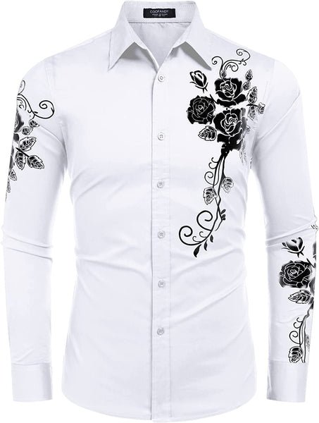 Men's White Rose Print Button Down Long Sleeve Shirt