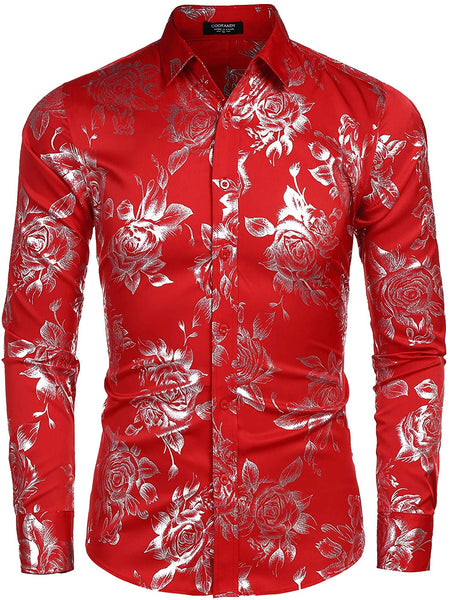 Men's Shiny Floral Printed Button Down Black Gold Shirt