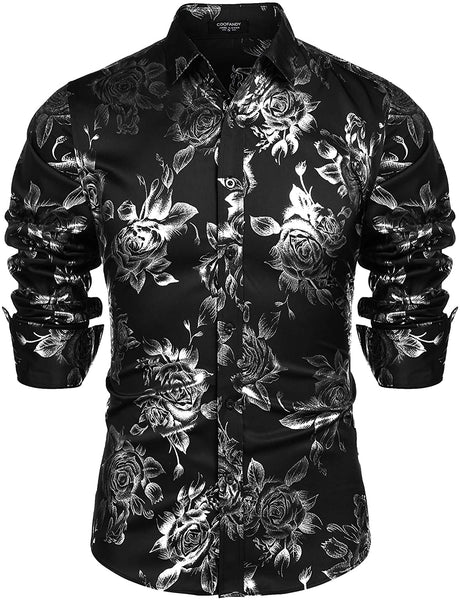 Men's Shiny Floral Printed Button Down Black Gold Shirt