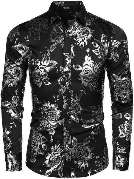 Men's Shiny Floral Printed Button Down Black Gold Shirt