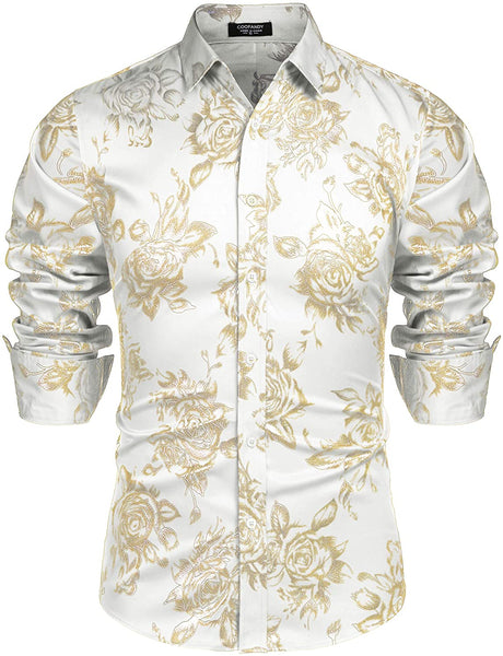 Men's Shiny Floral Printed Button Down Black Gold Shirt