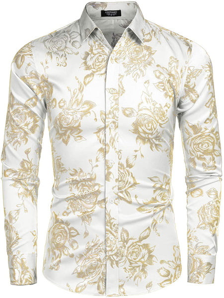 Men's Shiny Floral Printed Button Down Black Gold Shirt