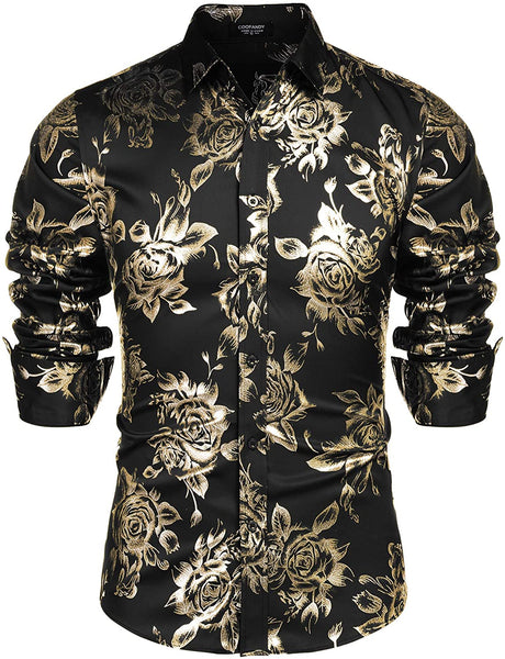 Men's Shiny Floral Printed Button Down Black Gold Shirt