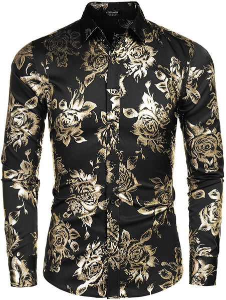 Men's Shiny Floral Printed Button Down Black Gold Shirt