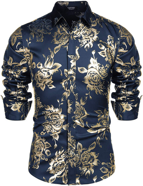 Men's Shiny Floral Printed Button Down Black Gold Shirt