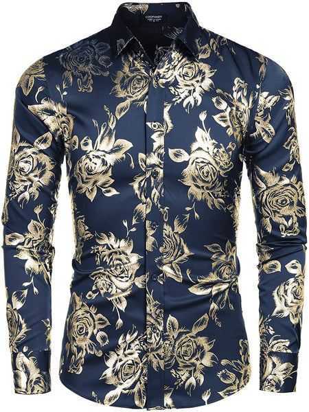 Men's Shiny Floral Printed Button Down Black Gold Shirt