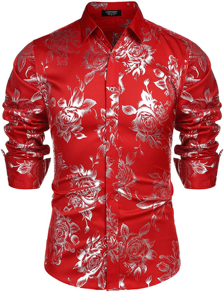 Men's Shiny Floral Printed Button Down Black Gold Shirt