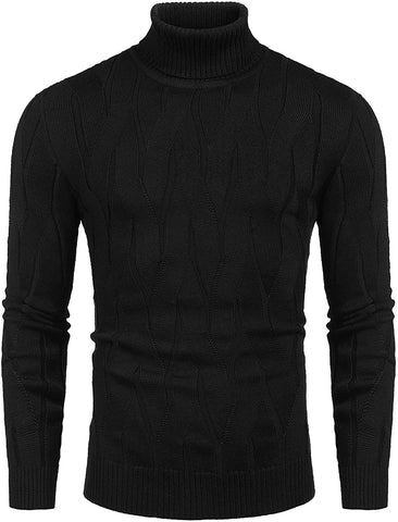 Men's Black Slim Fit Turtleneck Sweater Casual Knitted Pullover Sweater