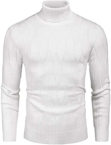 Men's Off White Slim Fit Turtleneck Sweater Casual Knitted Pullover Sweater