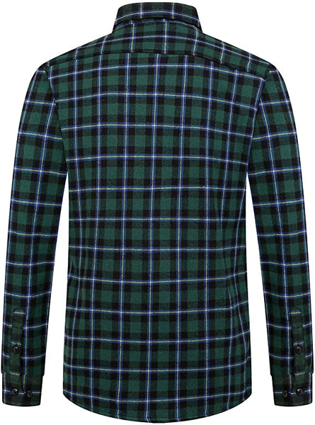 Men's Casual Green Plaid Long Sleeve Fleece Shirt