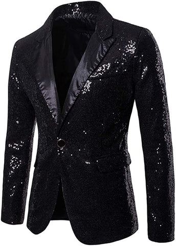 Men's One Button Black Sequin Dress Suit