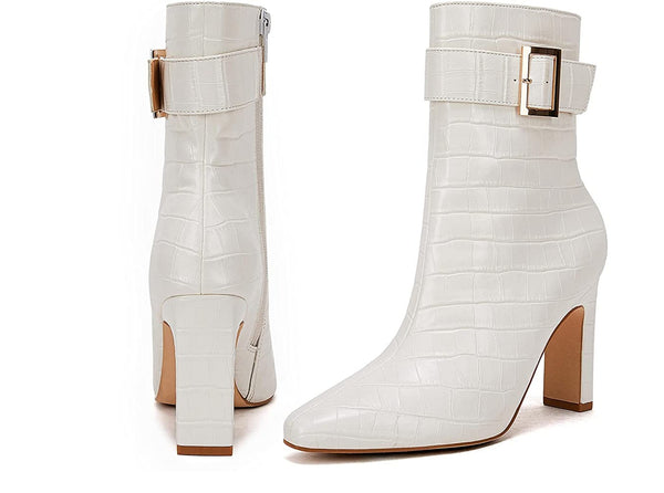 White Faux Leather High Heel Ankle Booties