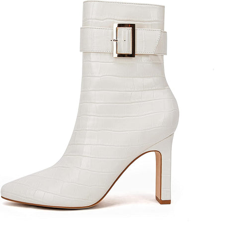 White Faux Leather High Heel Ankle Booties