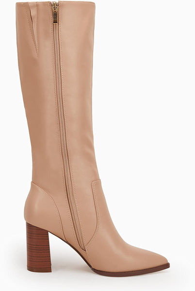 Classy Nude Chunky Block Heel Pointed Toe Knee High Boots