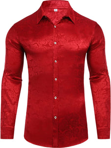 Men's Red Long Sleeve Fashion Rose Jacquard Dress Shirt