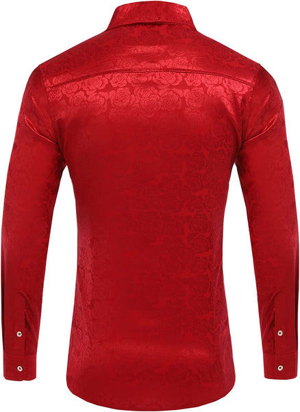 Men's Red Long Sleeve Fashion Rose Jacquard Dress Shirt