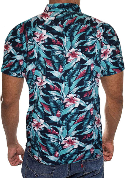 Men's Navy Floral Short Sleeve Button Down Polo Shirt