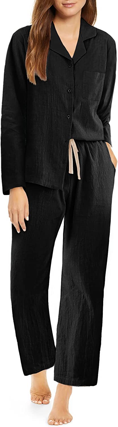 Two Piece Black Button Down Long Sleeve Women's Loungewear