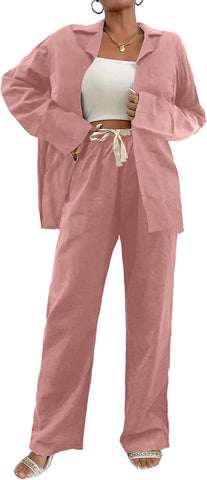 Two Piece Dusty Pink Button Down Long Sleeve Women's Loungewear