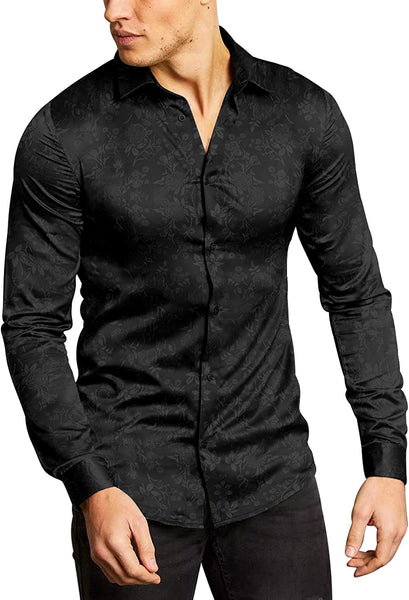 Men's Shiny Satin Black Floral Button Down Long Sleeve Shirt