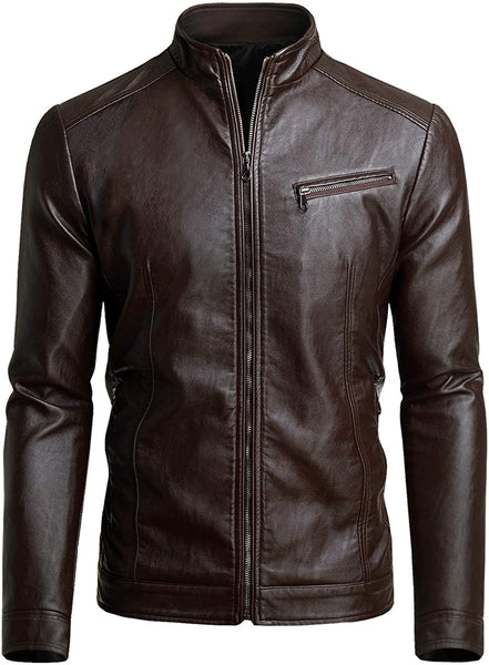 Men's Chocolate Faux Leather Long Sleeve Jacket