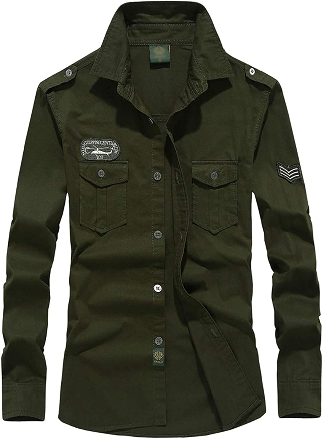 Men's Army Green Military Button Down Long Sleeve Tactical Shirt