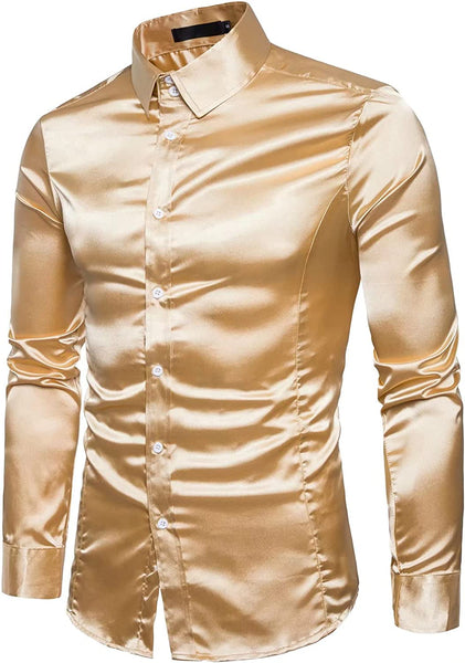 Men's Yellow Shiny Satin Long Sleeve Rib Buckle Shirts