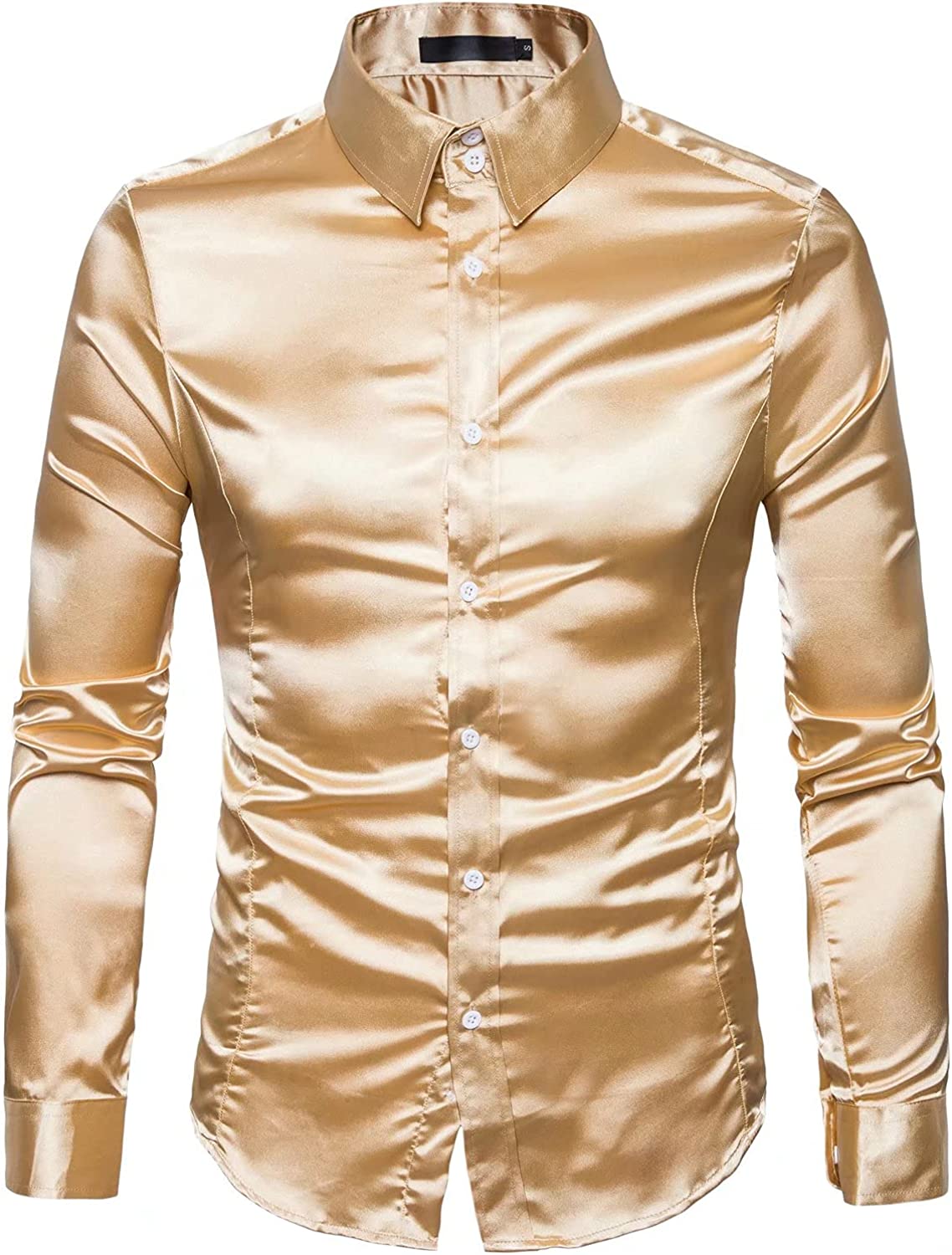 Men's Yellow Shiny Satin Long Sleeve Rib Buckle Shirts