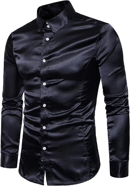 Men's Black Shiny Satin Long Sleeve Rib Buckle Shirts