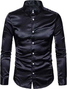 Men's Black Shiny Satin Long Sleeve Rib Buckle Shirts