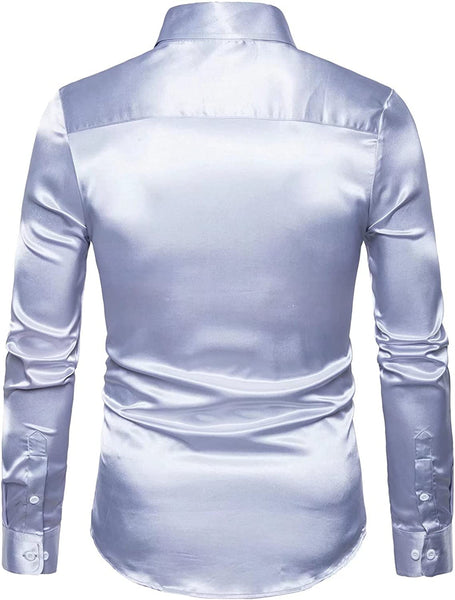 Men's Light Gray Shiny Satin Long Sleeve Rib Buckle Shirts