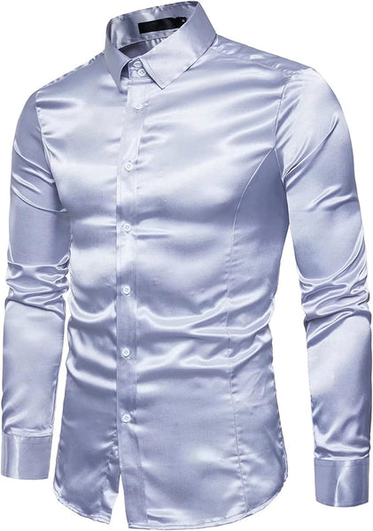 Men's Light Gray Shiny Satin Long Sleeve Rib Buckle Shirts