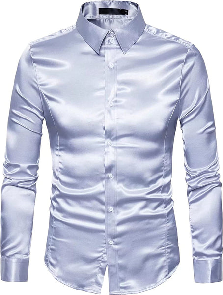 Men's Light Gray Shiny Satin Long Sleeve Rib Buckle Shirts