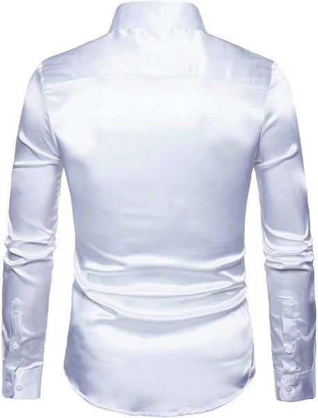 Men's White Shiny Satin Long Sleeve Rib Buckle Shirts