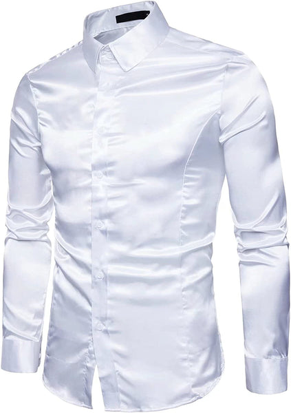 Men's White Shiny Satin Long Sleeve Rib Buckle Shirts