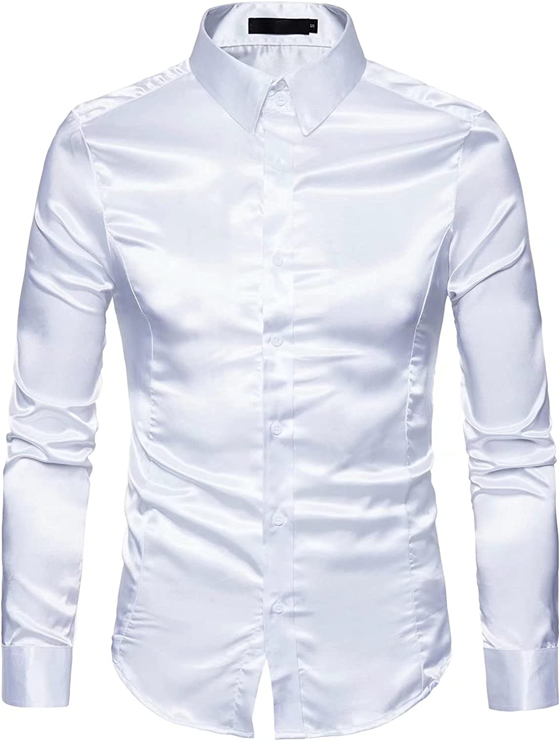 Men's White Shiny Satin Long Sleeve Rib Buckle Shirts