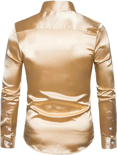 Men's Yellow Shiny Satin Long Sleeve Rib Buckle Shirts