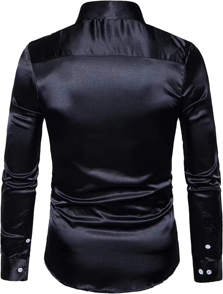 Men's Black Shiny Satin Long Sleeve Rib Buckle Shirts