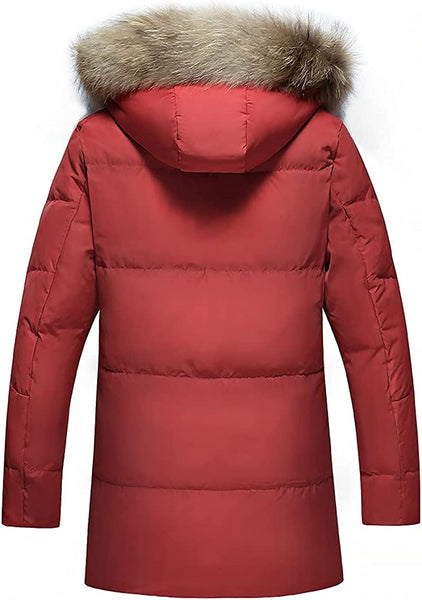 Red Fur Collar Hooded Warm Fleece Lined Down Jackets