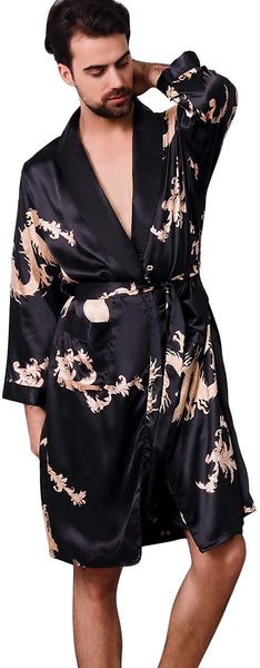 Men's Dark Black Satin Dragon Silk Long Sleeve Robe