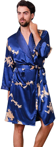 Men's Blue Satin  Dragon Silk Long Sleeve Robe