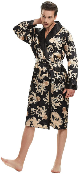 Men's Dark Black Satin Dragon Silk Long Sleeve Robe