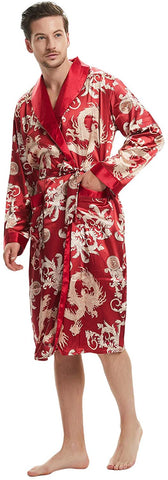 Men's Wine Red Satin Dragon Silk Long Sleeve Robe